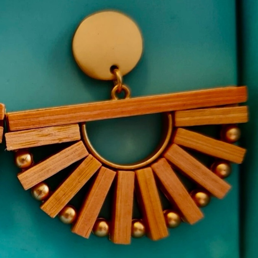 Pink Linen Wooden Half Circle Earrings - Picture 3 of 4